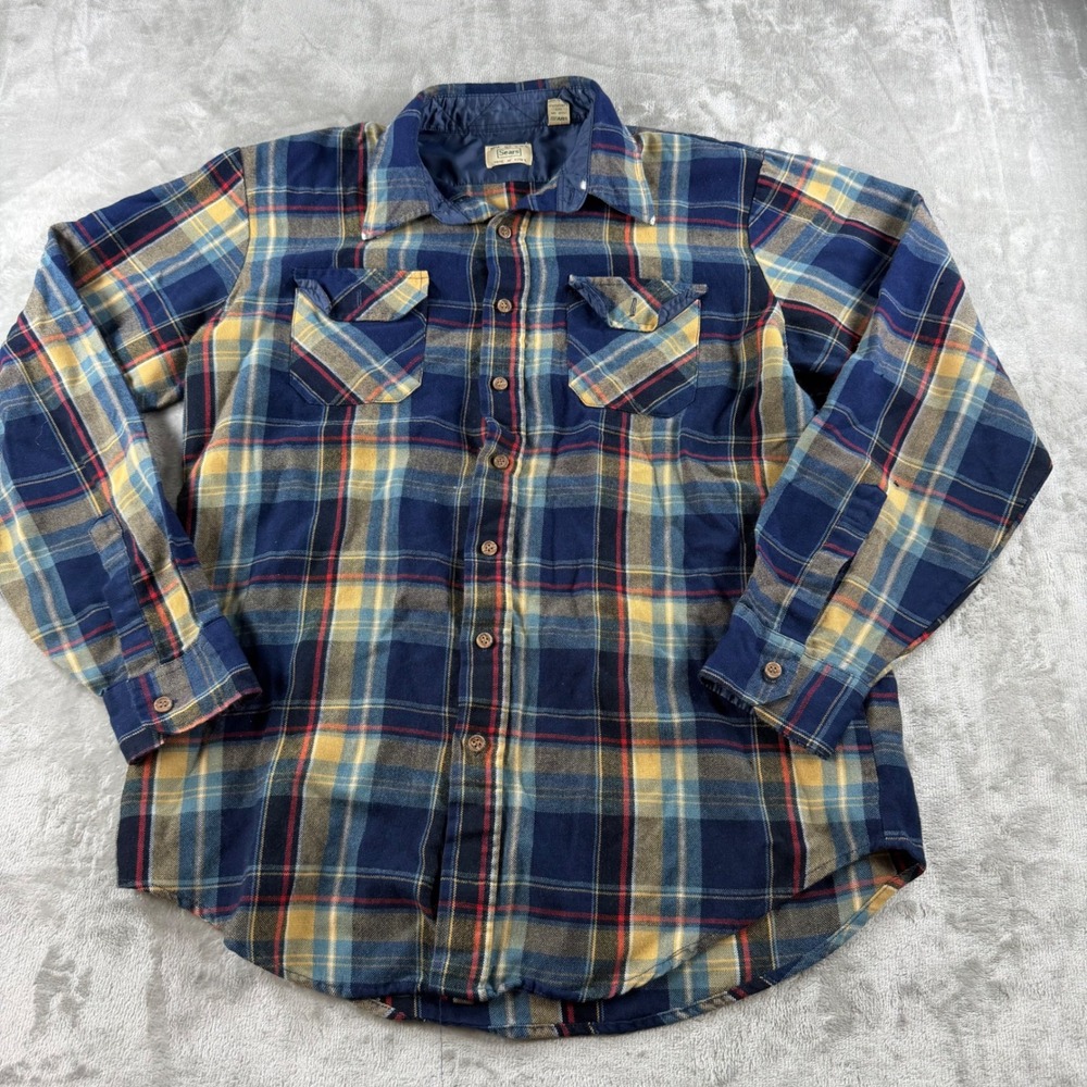 Vintage Sears Mens‎ Blue Yellow Plaid Flannel Shirt Tall Large L C5843 WPL 10013
